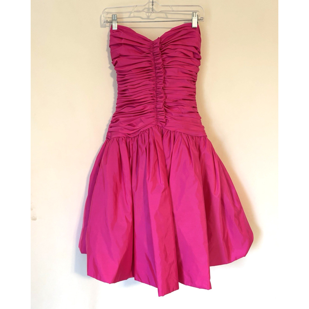 Vintage Victor Costa Mini Dress XS Pink Strapless Bubble Fit & Flare Hot Rare